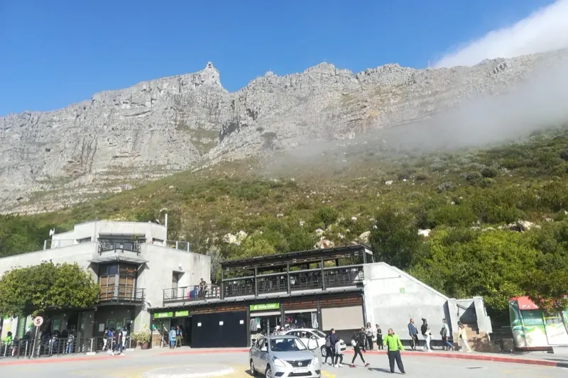 The Table Mountain Aerial Cableway lower station, with cloud rolling over the mountain